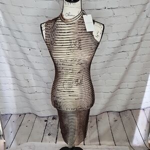 YG Collection Upscale Sheer Midi Bodycon Dress Brown Size Small